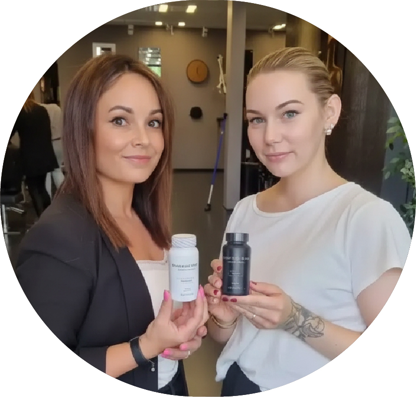 Zwei Friseurinnen im Salon halten Hair Luxious Haarvitamine in der Hand – professionelle Empfehlung für stärkeres, gesünderes Haarwachstum von innen.