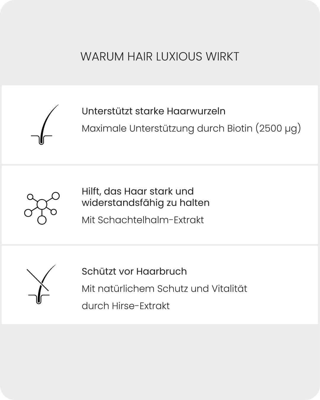Infografik: Warum Hair Luxious wirkt – unterstützt Haarwurzeln mit Biotin, stärkt das Haar mit Schachtelhalm-Extrakt und schützt vor Haarbruch mit Hirse-Extrakt.